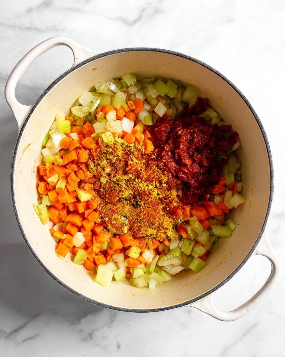 Inside a white pot, there are three main layers of ingredients. The bottom layer is small chopped pieces of orange carrots and light green celery mixed with small bits of white onion, spread around the base of the pot. On top of this vegetable layer, there is a pile of dark red tomato paste on the right side. In the center, there is a mix of orange, yellow, and brown spices sprinkled over the vegetables, giving a textured, colorful contrast. The pot is placed on a white marbled surface. photo taken with an iphone --ar 4:5 --v 7