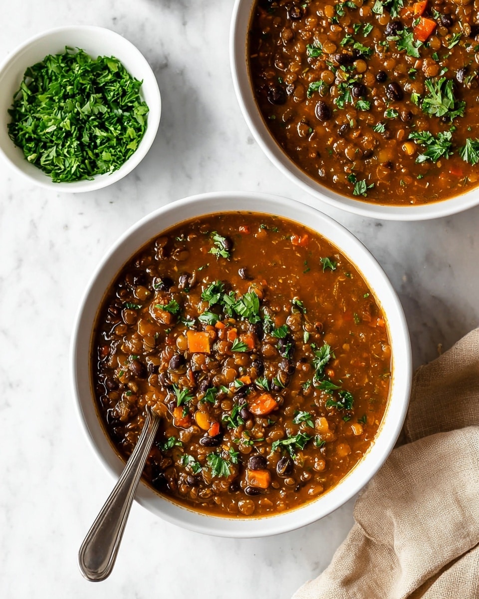 Two white bowls filled with thick brown stew that has visible dark beans, small orange carrot pieces, lentils, and green herbs mixed throughout. The stew surface is glossy with small bits of fresh green parsley sprinkled on top. One bowl is near the bottom center with a silver spoon inside, the other partially visible near the top left corner. A smaller white bowl filled with chopped fresh green parsley is placed on a white marbled surface to the right. A beige cloth napkin is partially visible at the bottom right corner. The photo has bright, natural light and clear focus. photo taken with an iphone --ar 4:5 --v 7