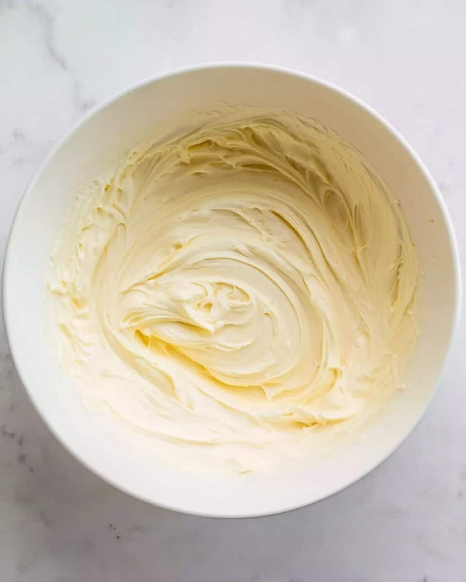 The image shows a white bowl filled with smooth, creamy, off-white whipped mixture. The surface has soft swirls and gentle peaks, with a dip in the middle revealing a slightly deeper yellow tone inside. The texture looks light and airy, with clear motion marks suggesting recent stirring. The bowl rests on a white marbled surface. photo taken with an iphone --ar 4:5 --v 7