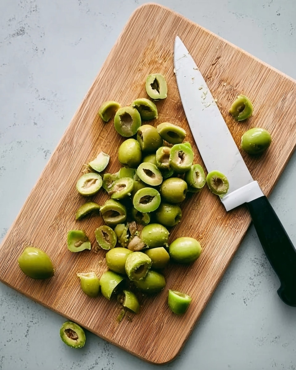 The image shows a light wooden cutting board placed on a white marbled surface. On the board are many small chunks of green olives scattered around, some whole and some sliced open, showing their smooth, shiny texture. A large knife with a white blade and a black handle lies diagonally across the board, touching some of the olive pieces. The overall colors are natural browns and greens with a clean, simple background. photo taken with an iphone --ar 4:5 --v 7