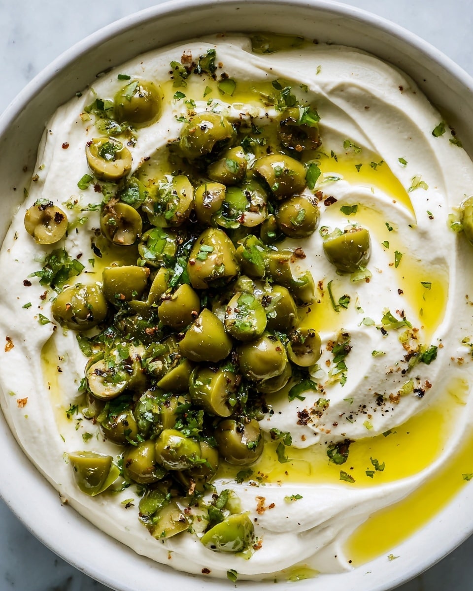 A close-up image of a white bowl filled with a creamy white base, swirled gently to create soft ridges. On top, there is a generous layer of chopped green olives mixed with small green herbs, covered in a shiny drizzle of golden olive oil. The olives have a glossy texture, and there are tiny specks of black pepper and herbs scattered across the creamy base. The bowl is placed on a white marbled surface, adding a clean and bright background. photo taken with an iphone --ar 4:5 --v 7
