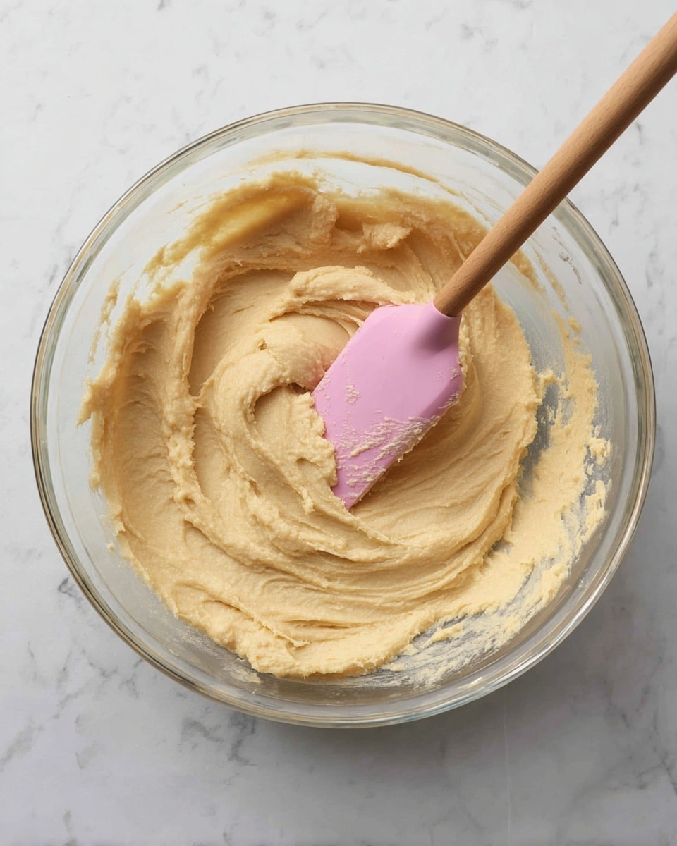 A clear glass bowl filled with smooth, light beige dough that has a creamy and slightly thick texture. The dough is spread evenly inside the bowl with gentle swirls and ridges showing where it has been mixed. A pink silicone spatula with a wooden handle is partially pressed into the dough, positioned diagonally from the bottom left to the center, with some dough clinging to its surface. The bowl sits on a white marbled surface that adds a clean and bright backdrop. photo taken with an iphone --ar 4:5 --v 7