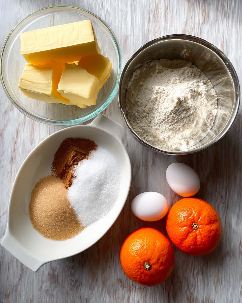 The image shows baking ingredients arranged on a white marbled surface with soft natural light. There is a clear glass bowl at the top left with two large yellow blocks of butter. To the right, a silver metal bowl contains a pile of white flour with a small amount of brown powder on one side. Below these, a white oval dish is filled with three different types of sugar: white granulated sugar, brown sugar, and powdered sugar. On the right side of the dish, there are two whole white eggs placed close to a bright orange tangerine fruit. photo taken with an iphone --ar 4:5 --v 7