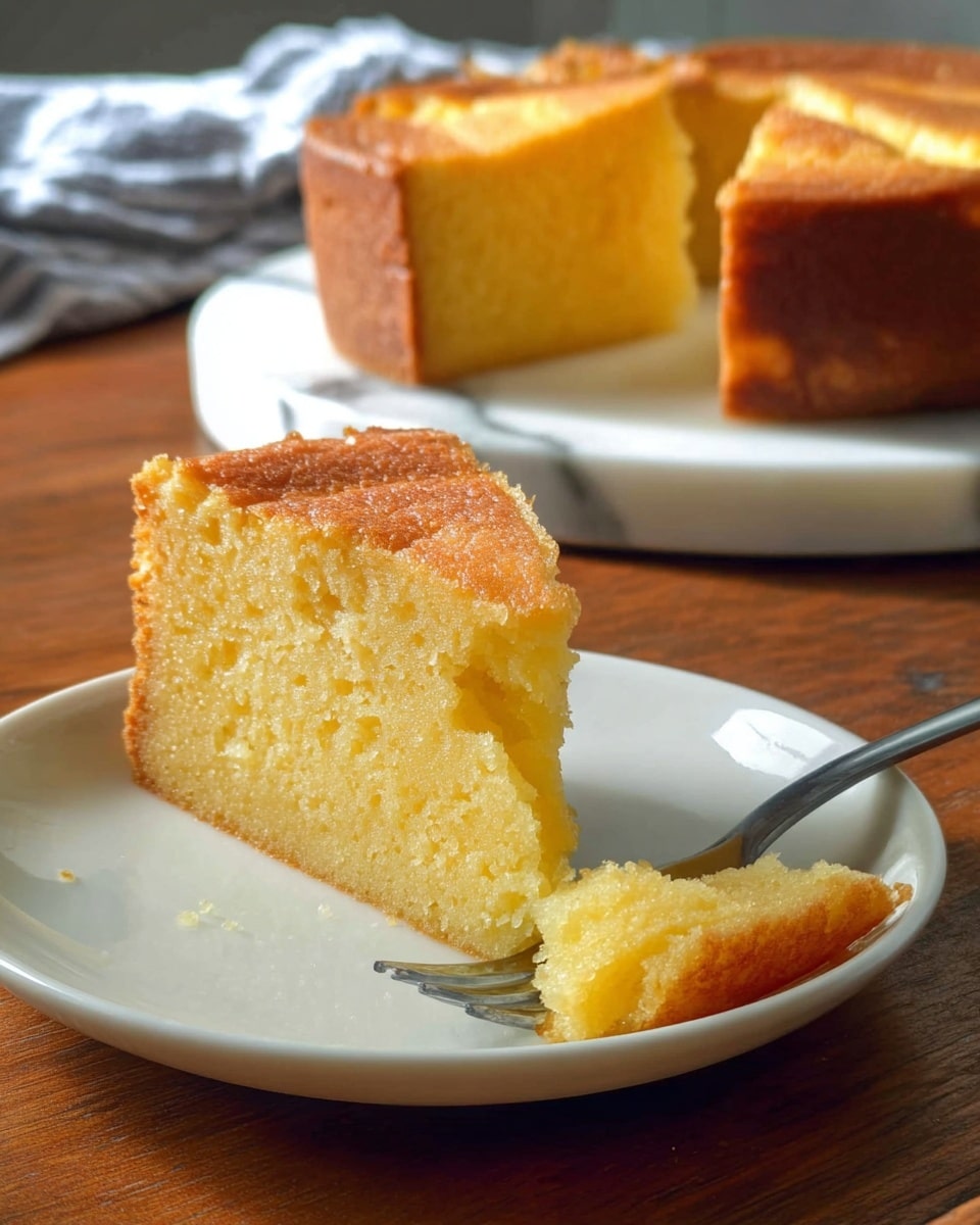 A slice of thick, golden-yellow cake with a moist texture sits on a white plate. The cake has a slightly browned top layer with a soft, soft middle and a firmer crust at the bottom. A small piece has been taken off the slice by a silver fork, resting next to the slice. In the background, the rest of the full cake, with several slices and the same color and texture, is visible on a white plate, all placed on a wooden table with a white marbled surface nearby. photo taken with an iphone --ar 4:5 --v 7