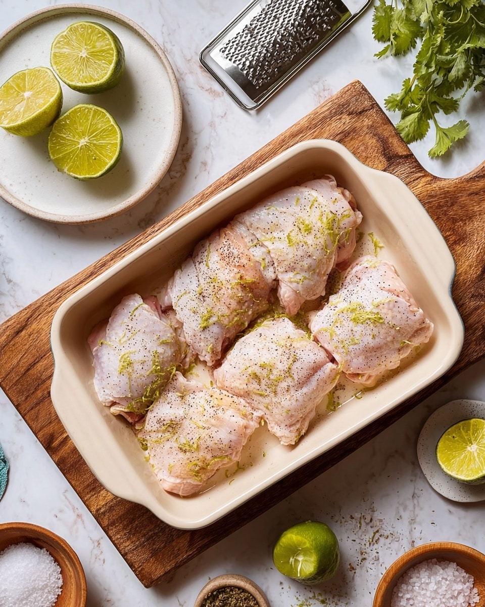 A cream-colored baking dish placed on a wooden board holds five raw chicken thighs arranged in two rows, each piece lightly sprinkled with black pepper and small green lime zest shreds. To the upper left, there is a white plate with half a lime and a lime with a partially peeled green skin resting beside a metal grater. Fresh coriander leaves are located on the top right corner, adding green color. Surrounding the dish are small bowls containing coarse salt and other ingredients, all set on a white marbled surface. The photo taken with an iphone --ar 4:5 --v 7