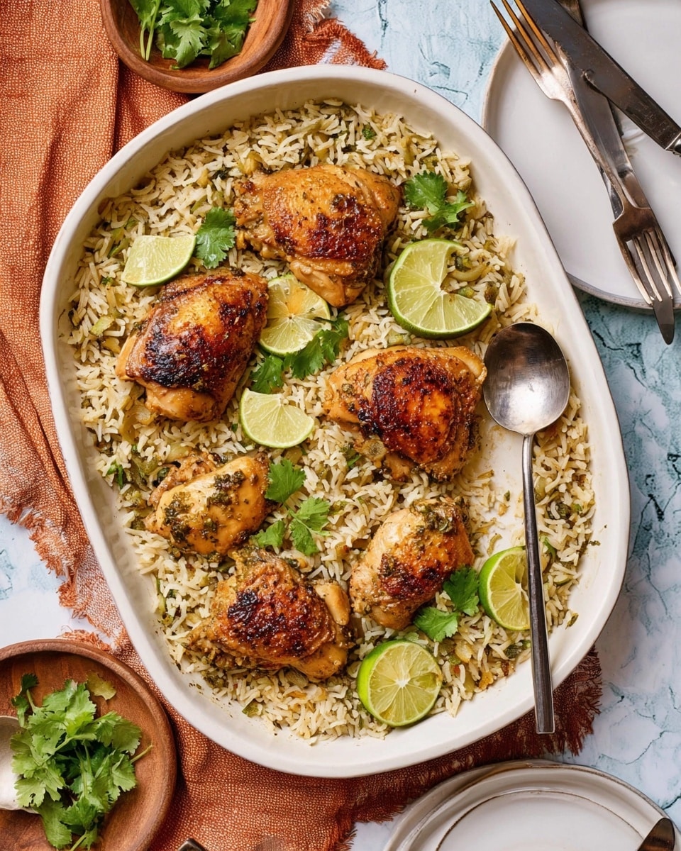 A white oval dish filled with a base layer of cooked rice mixed with small green herbs and bits of vegetables, topped with five pieces of golden brown cooked chicken with crispy skin placed evenly over the rice. Scattered fresh green cilantro leaves and lime wedges add pops of color on top of the chicken and rice. A silver spoon rests on the right side of the dish, partially inside the rice layer. The dish is set on a white marbled surface with a light blue tone, surrounded by a rustic orange cloth and white plates with a fork and knife nearby. photo taken with an iphone --ar 4:5 --v 7