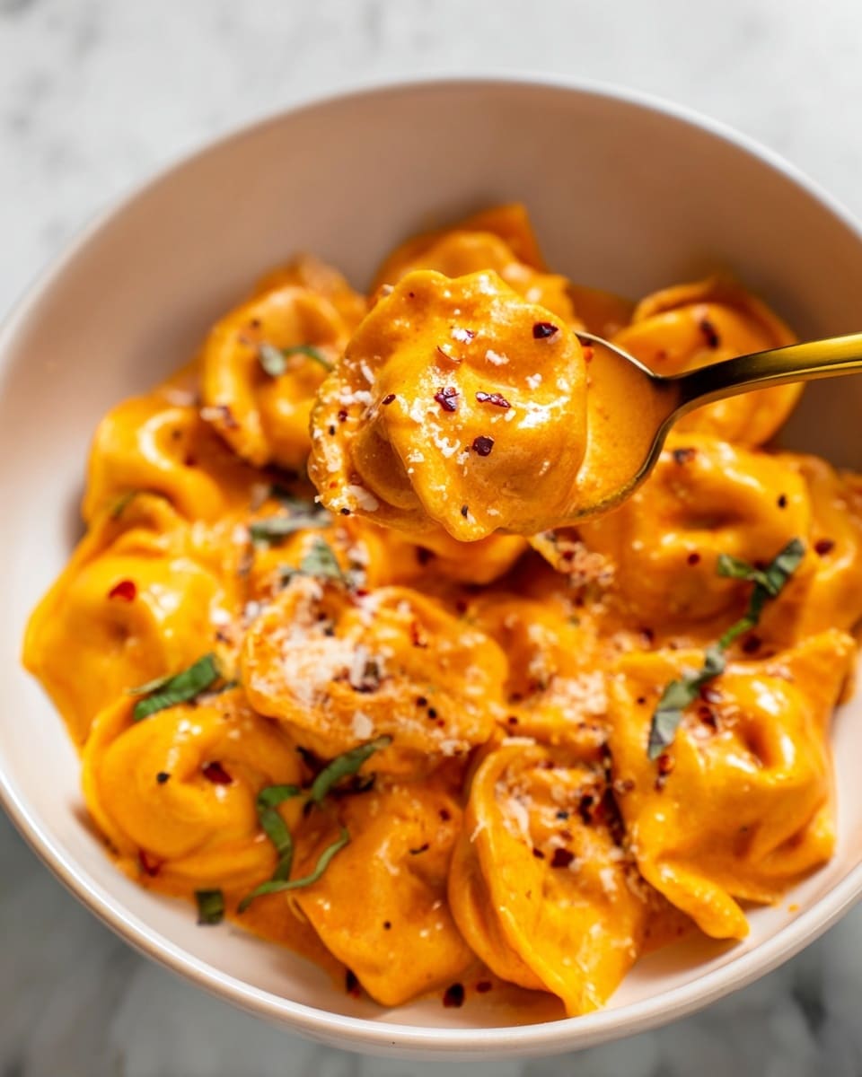 A white bowl filled with several pieces of tortellini pasta covered in a thick, bright orange creamy sauce. The pasta pieces are soft and slightly folded, each coated fully in the sauce. Small green herb leaves and tiny red chili flakes are scattered on top of the tortellini, along with a light sprinkle of grated white cheese. A close-up view shows a gold spoon holding a few pieces of the pasta, highlighting the creamy sauce texture and toppings. The bowl rests on a smooth white marbled surface. photo taken with an iphone --ar 4:5 --v 7
