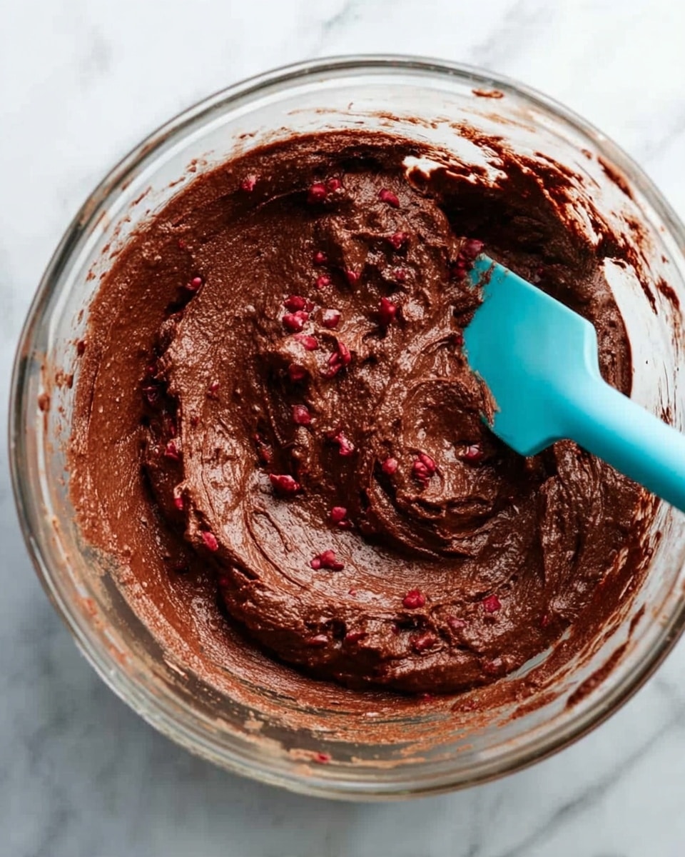 A close-up top view of a clear glass bowl filled with thick, dark brown chocolate batter mixed with small red bits, showing a rich and smooth texture with slight unevenness. Inside the bowl, on the right side, a blue silicone spatula rests partially submerged in the batter, with some batter clinging to its surface. The background is a white marbled surface. photo taken with an iphone --ar 4:5 --v 7