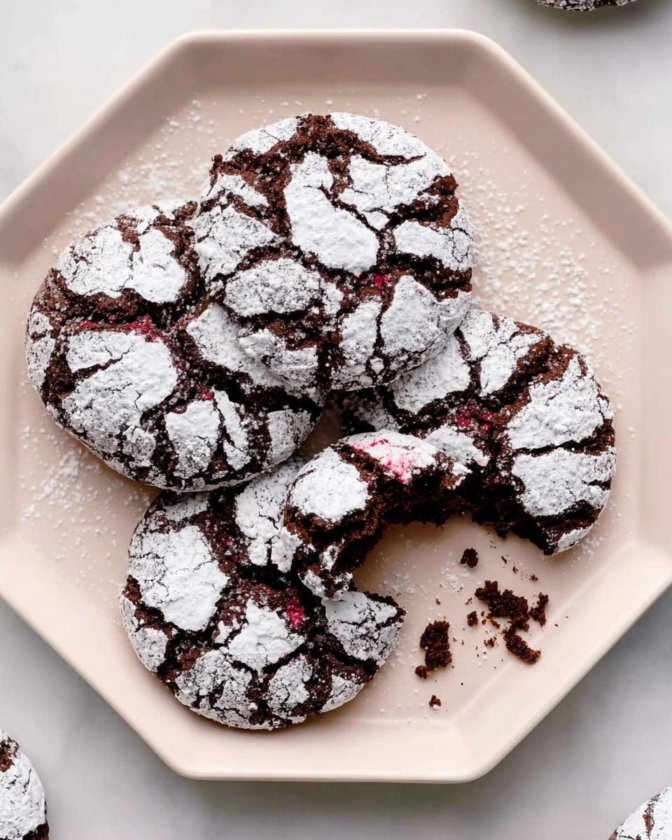 The image shows four chocolate crinkle cookies on a white octagonal plate. Each cookie has a rough dark brown surface with deep cracks revealing the soft inside. The cracks are covered with white powdered sugar that fills the crevices and contrasts with the rich chocolate color. Some powder spreads on the plate around the cookies. One cookie is broken, showing the soft center filled with deep red streaks inside. The plate rests on a white marbled surface. photo taken with an iphone --ar 4:5 --v 7