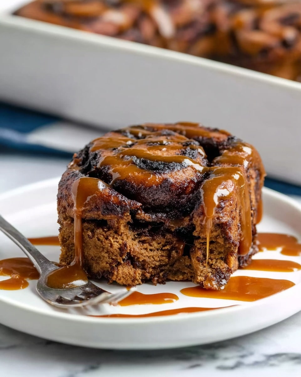 A close-up of a thick, dark brown cinnamon roll with multiple visible layers swirled together, showing a rich chocolate filling in between. The top and sides of the roll are generously drizzled with smooth caramel sauce, and some caramel has pooled on the white plate underneath. The cinnamon roll appears soft and moist with a slightly crumbly texture on the edges. The plate is placed on a white marbled surface, and in the background, a white baking dish with more cinnamon rolls is slightly blurred. A small metal fork rests next to the roll on the plate. Photo taken with an iphone --ar 4:5 --v 7