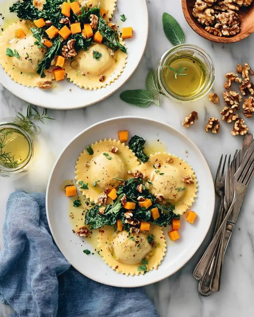 Butternut Squash Ravioli with Sage Garlic Sauce and Walnuts Recipe