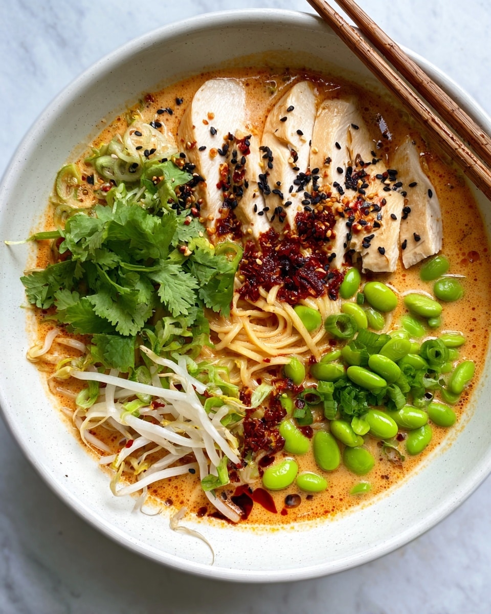 A bowl of creamy orange broth fills the white bowl, topped with several layers arranged in sections: on one side, sliced white chicken with a light golden edge, sprinkled with black sesame seeds and chili flakes; next to it, fresh green cilantro leaves and shredded white bean sprouts; in the center, light yellow noodles with black sesame seeds and chili flakes scattered on top; near the bottom, bright green edamame beans and chopped green onions. Dark red chili oil droplets float on the broth, adding rich color contrast. A pair of wooden chopsticks rests across the rim of the bowl. The bowl sits on a white marbled surface photo taken with an iphone --ar 4:5 --v 7