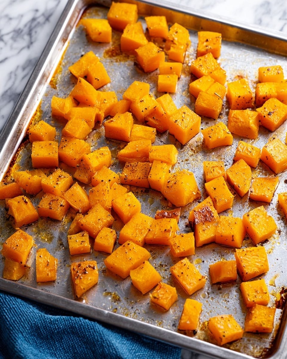 The image shows many small cubes of roasted butternut squash scattered on a silver baking tray. The squash pieces are bright orange with light brown spots, showing they are cooked and slightly charred. The tray has some oil and seasoning visible, giving a shiny and textured look. The background features a white marbled surface and a blue cloth is partly visible in the lower right corner. Photo taken with an iphone --ar 4:5 --v 7