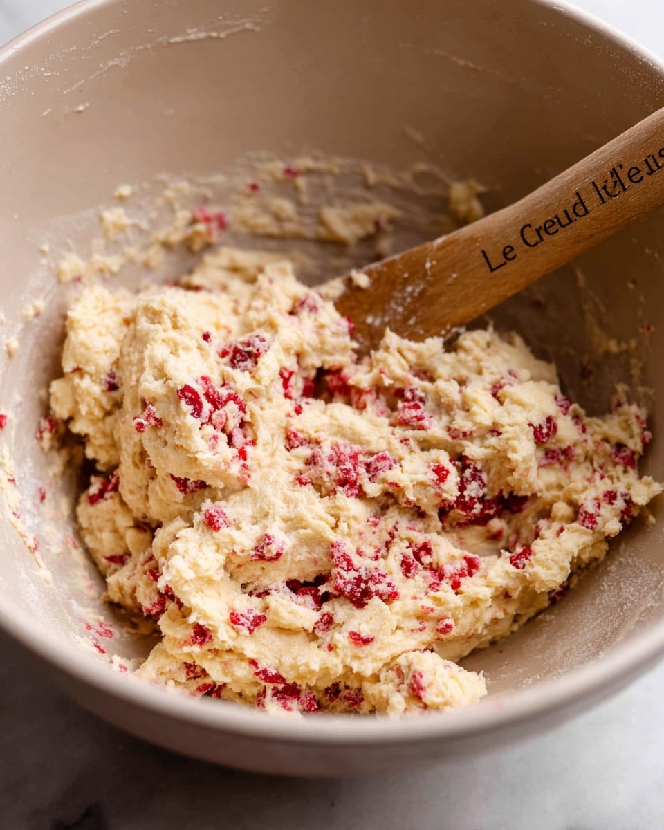 The image shows a close-up view of a thick, creamy dough mixed with small, bright red pieces evenly spread throughout. The dough is off-white with a slightly crumbly texture, sitting inside a smooth, light-colored mixing bowl. A wooden spoon with the brand name