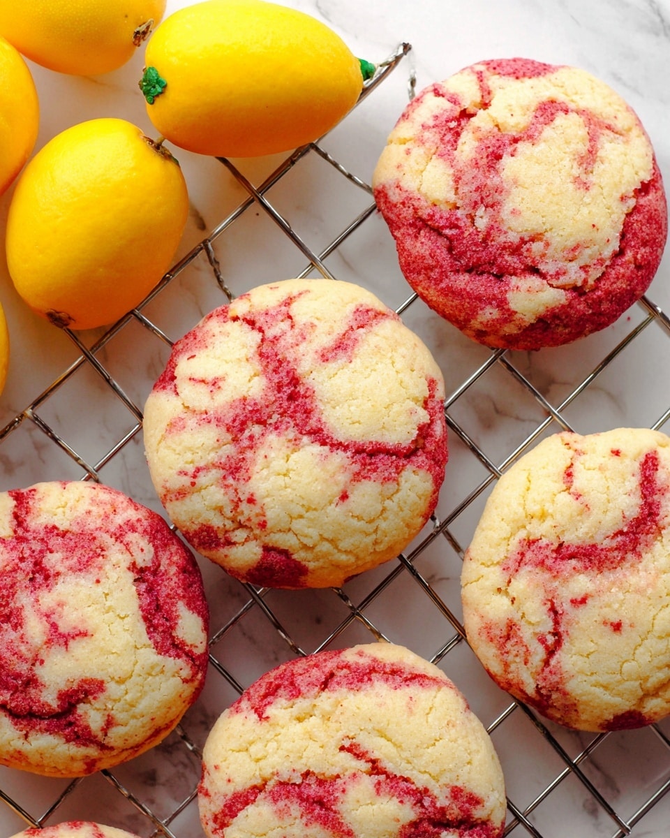 This image shows several round cookies on a silver cooling rack placed over a white marbled surface. Each cookie is light beige with bright red swirls mixed throughout, giving a marbled look with a soft, crumbly texture. At the top left side, three bright yellow oval fruits with smooth skins and small green stems sit close to the cookies, adding a pop of color. The cookies and fruits are arranged casually, and the image is bright with natural light highlighting the textures. Photo taken with an iphone --ar 4:5 --v 7