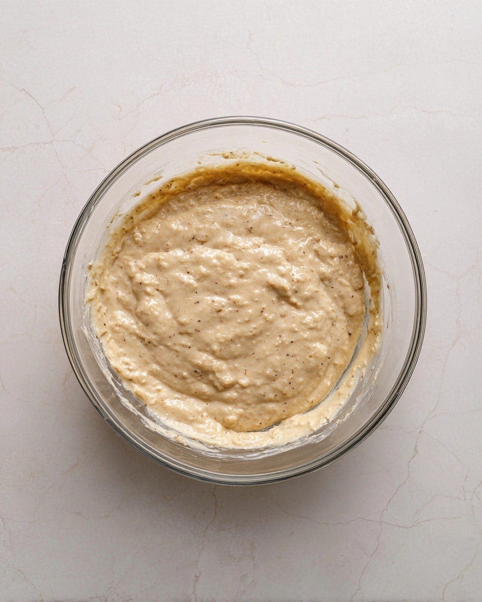 A clear glass bowl holds a single thick layer of chunky light beige batter with small uneven lumps and some darker specks spread evenly inside. The batter has a creamy texture, sitting against the smooth sides of the bowl, which is placed on a white marbled surface. photo taken with an iphone --ar 4:5 --v 7