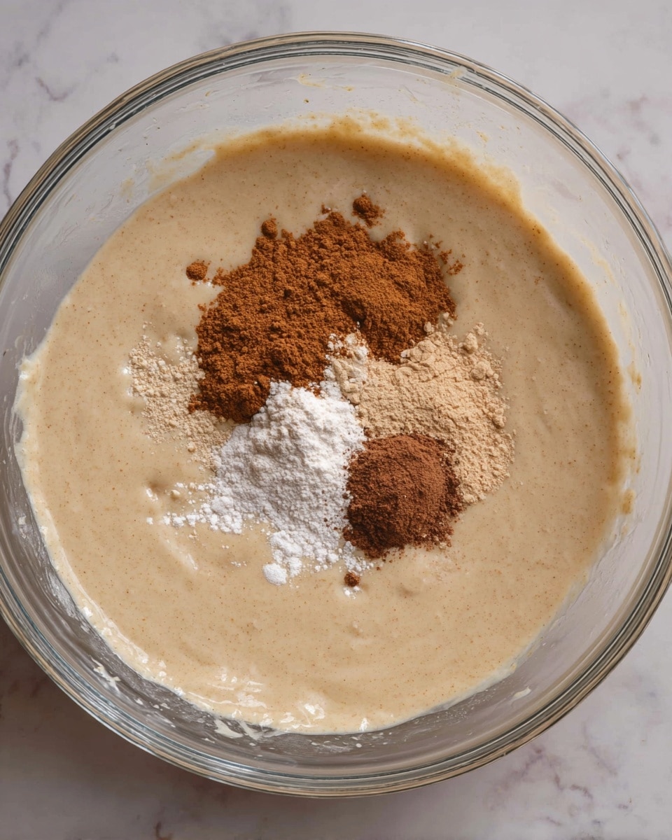A large clear glass bowl holds a thick, light beige batter filling most of the bowl, with four different powders sprinkled in the center. The powders include a medium brown cinnamon-like spice, a smaller pile of white powder, and two other brown powders with different shades and textures, all sitting on top of the smooth batter. The bowl is placed on a white marbled surface. photo taken with an iphone --ar 4:5 --v 7