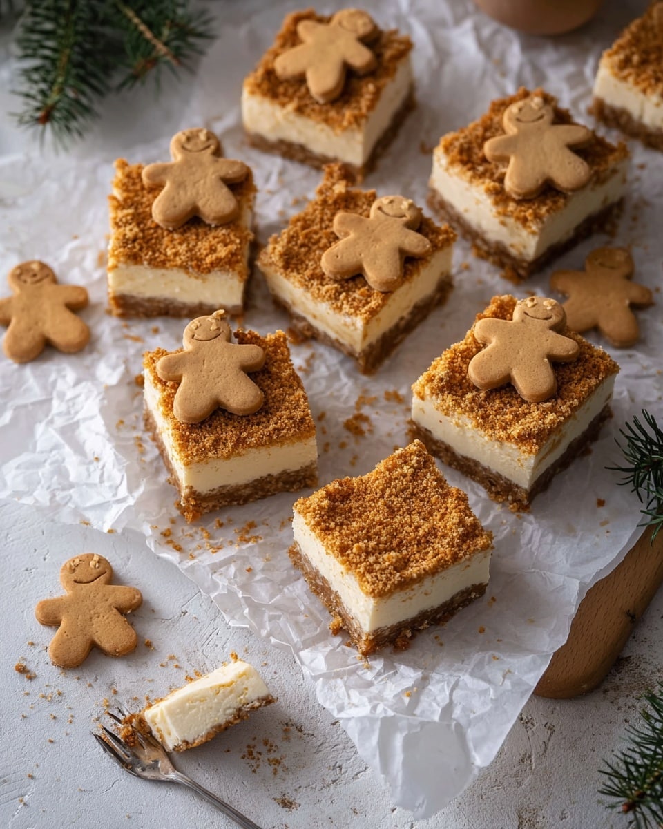 A group of square dessert bars is arranged on crumpled white parchment paper over a white marbled surface. Each bar has three layers: a light brown base, a thick creamy white middle, and a top layer covered with finely crushed golden brown crumbs. Some bars are topped with smiling gingerbread man cookies in light tan color, placed flat. There are a few plain gingerbread cookies scattered around the bars. One bar has a bite taken out of it, and a silver fork holds a small piece of the dessert near the bottom left corner of the image. The overall look is warm and cozy with some green pine branches peeking in from the edges. Photo taken with an iphone --ar 4:5 --v 7
