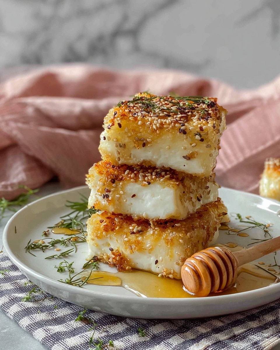 The image shows a stack of four square pieces of fried cheese with a crispy golden-brown sesame crust on the outside and a soft white inside. The pieces are stacked unevenly on a white plate, with some green herb sprigs scattered around and honey drizzled over and pooling at the bottom, creating a shiny glaze. A honey dipper with some honey on it lies next to the stack on the plate. The plate is placed on a gray and white checkered cloth with a soft pink cloth draped in the background. The surface beneath the plate is a white marbled texture. photo taken with an iphone --ar 4:5 --v 7