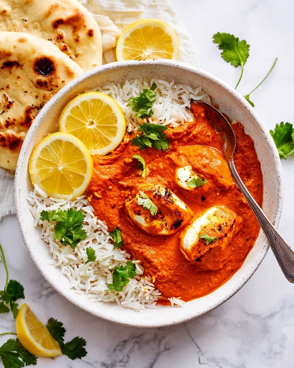 A white speckled bowl holds a dish with three main layers; the bottom layer is white rice that fills half the bowl, next to two bright yellow lemon wedges placed on top of the rice on opposite sides. On the rice lies a thick, smooth, bright orange-red sauce, partially covering small pieces of white cheese with a browned, grilled texture that peek through the sauce. Fresh green cilantro leaves are placed on the rice beside the sauce and cheese. Behind the bowl, two pieces of lightly browned flatbread rest on a white marbled surface with scattered cilantro leaves and lemon wedges around. A silver spoon is partially submerged in the rice on the right side of the bowl. Photo taken with an iphone --ar 4:5 --v 7