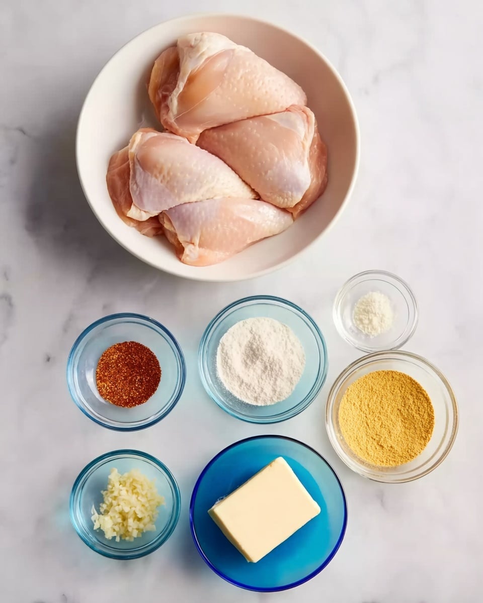 The image shows three raw chicken pieces placed neatly in a white bowl at the top center. Below the bowl, there are five small bowls and a stick of butter arranged in two rows on a white marbled surface. The top row has three bowls: one small white one with a reddish spice, and two similar blue glass bowls each with a different white or pale powder. The bottom row has a stick of butter in the center, with a small white bowl of minced garlic to the left and a blue glass bowl with a yellow powder to the right. The colors are soft and natural, and everything is arranged cleanly and clearly. Photo taken with an iphone --ar 4:5 --v 7