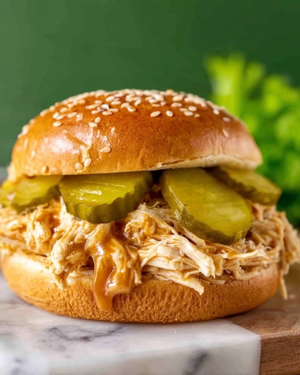 The image shows a close-up of a sandwich with three main layers visible inside a sesame seed top bun. The bottom layer is shredded white chicken held loosely together by a light brown sauce that adds a shiny, wet texture. On top of the chicken, there are three bright green pickle slices arranged in a slightly overlapping pattern. The sandwich is placed on a white marbled surface with a blurred green background. Photo taken with an iphone --ar 4:5 --v 7