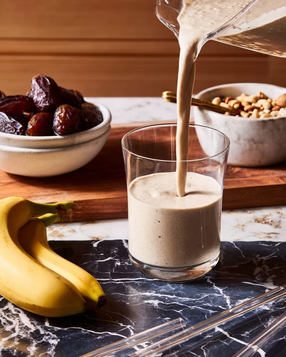 A clear glass is being filled with a thick, creamy light beige smoothie from a clear pitcher, positioned slightly above and to the right. The glass sits on a dark marbled surface with white and tan veins. To the left of the glass, there are two yellow bananas lying close together with the stems visible. Behind the bananas, there is a white bowl filled with dark brown dates, and above that, a white bowl holding various nuts. In the background, a wooden cutting board with grooved lines holds a small marble mortar and pestle with a golden spoon inside. Another clear empty glass is placed just behind the smoothie glass. Two clear straws lie diagonally in the bottom right corner on the dark marbled surface. The overall scene has natural lighting, styled simply and cleanly. Photo taken with an iphone --ar 4:5 --v 7