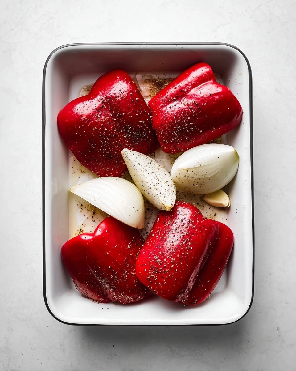 The image shows a white rectangular baking dish on a white marbled surface, filled with six large pieces of deep red bell peppers and five thick wedges of white onion mixed evenly. The vegetables are sprinkled with coarse black pepper, adding small dark specks over the shiny, smooth surface of the peppers and the matte texture of the onion. The peppers are plump and glossy while the onions look firm and clean, with their pale layers slightly visible. In the center of the dish, a few small cloves of garlic are nestled among the vegetables. Photo taken with an iphone --ar 4:5 --v 7