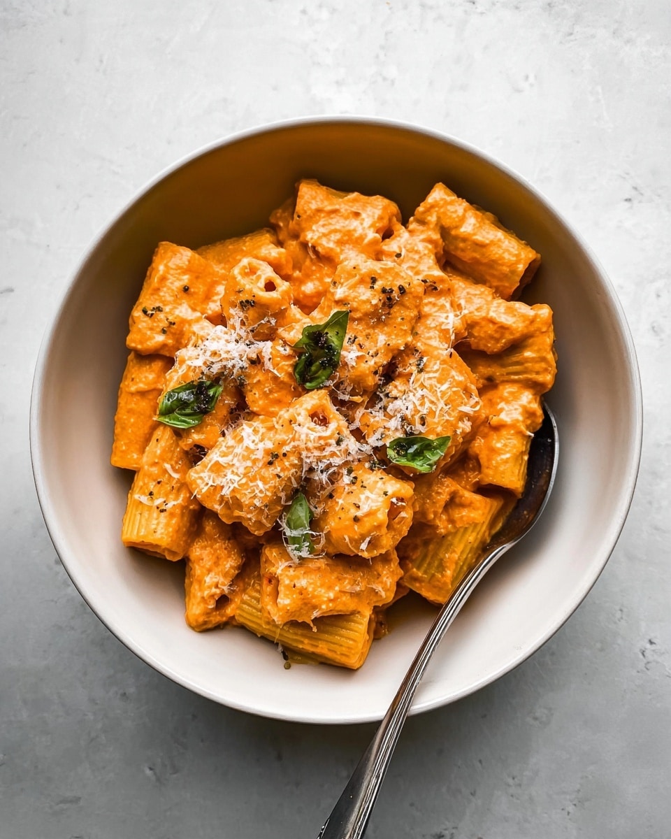 A bowl of rigatoni pasta covered in a thick, creamy orange sauce is shown from above. The pasta pieces are tube-shaped and hold the sauce well, giving a smooth texture. There are small green basil leaves sprinkled on top, adding a fresh contrast of color. Lightly grated white cheese is scattered over the sauce, creating a fine, textured layer. A silver spoon rests on the right inside edge of the white bowl. The background is a white marbled surface. photo taken with an iphone --ar 4:5 --v 7