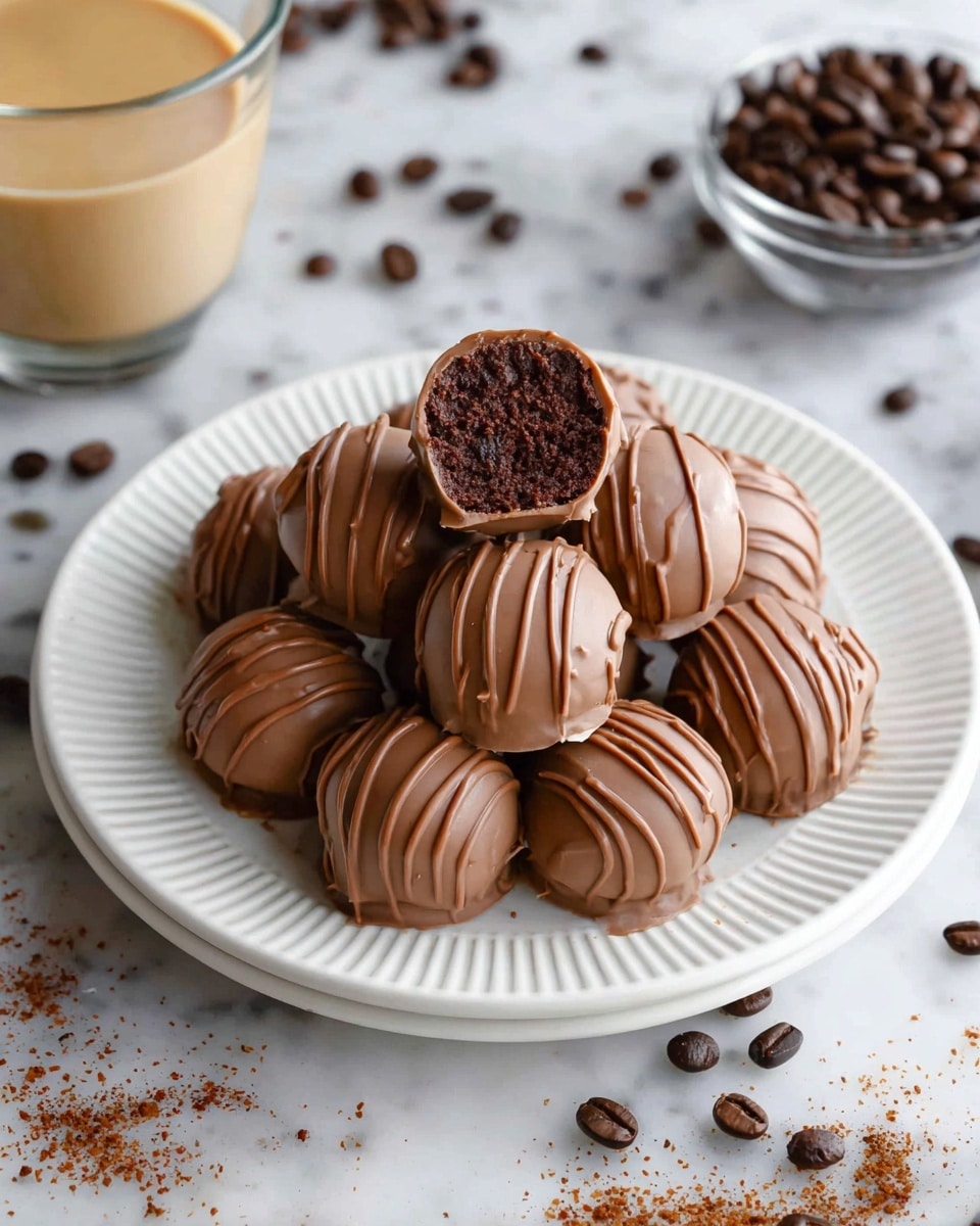 A white plate with ridged edges holds twelve round chocolate truffles arranged in a pyramid shape. Each truffle is covered in smooth milk chocolate with thin milk chocolate drizzles on top, creating a textured pattern. One truffle is cut open, placed at the top center, revealing a dense, dark chocolate inside with a slightly rough texture. The plate sits on a white marbled surface scattered with dark brown coffee beans and some granules. A bowl of coffee beans and a glass cup with creamy coffee are positioned partly in the frame around the plate. photo taken with an iphone --ar 4:5 --v 7