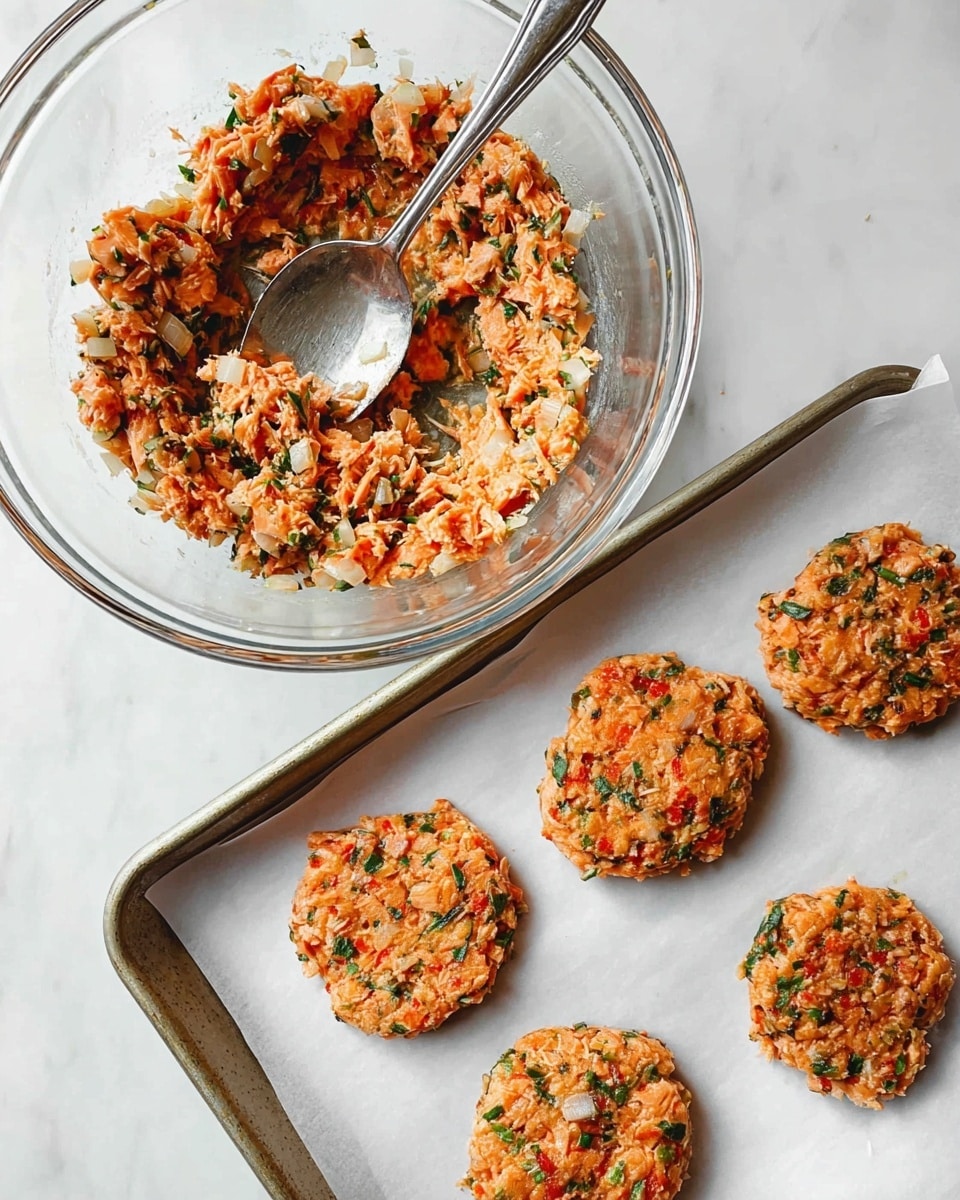 A large clear glass bowl holds a mix of chopped orange, white, and green ingredients with a chunky texture, likely salmon, onions, and herbs, with a silver spoon resting inside. Below it, there is a metal tray lined with white parchment paper displaying five round patties of the same mixture, each showing small bits of orange, white, and green evenly spread. Both the bowl and tray are placed on a white marbled surface photo taken with an iphone --ar 4:5 --v 7