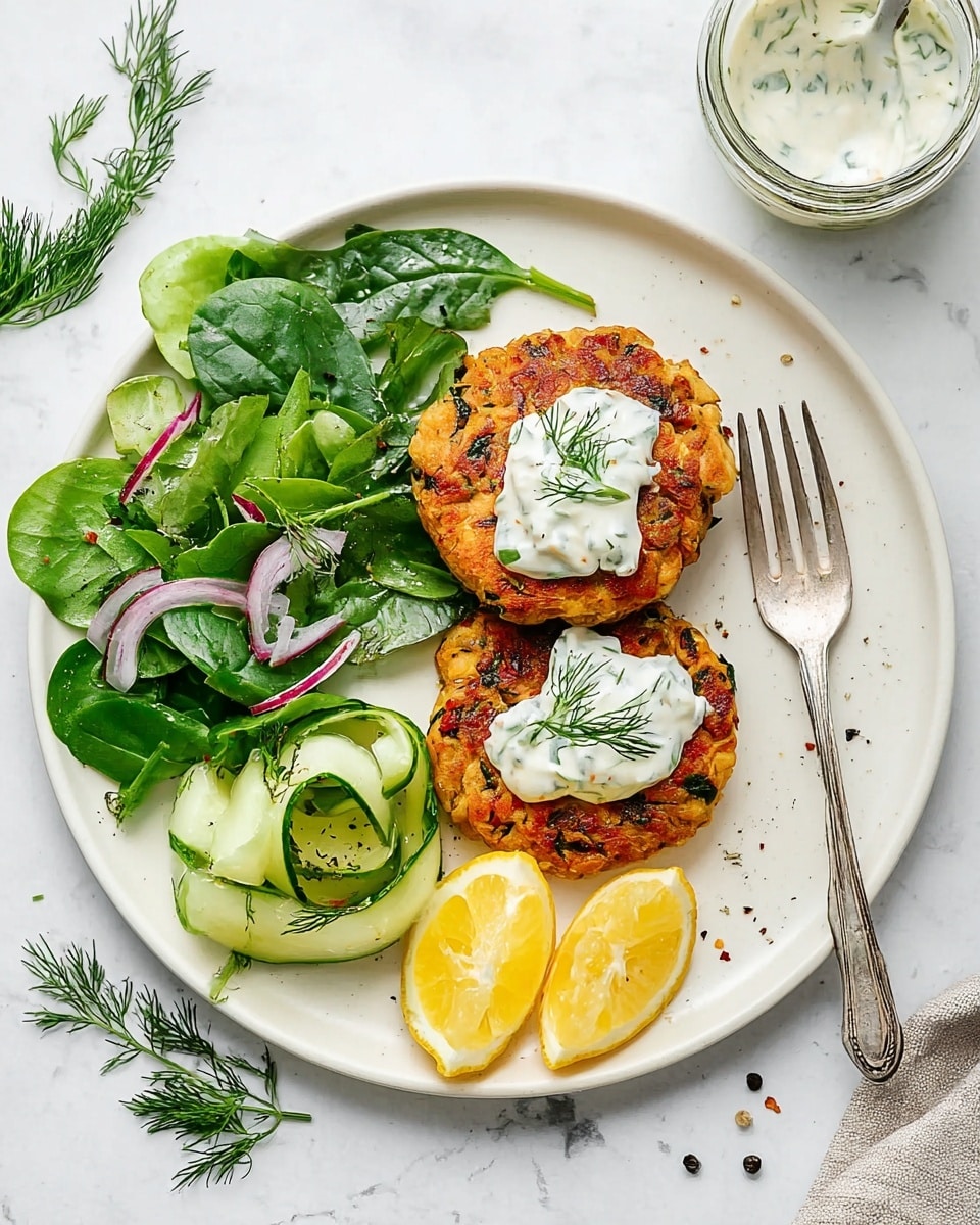 A white plate on a white marbled surface holds two golden-brown patties stacked slightly overlapping on the right side, each topped with a dollop of white sauce with green herbs and a small sprig of dill. To the left of the patties is a bed of mixed green leaves, including spinach and arugula, with thin slices of red onion scattered lightly on top. Below the greens are several thin, curled slices of pale green cucumber sprinkled with small dill pieces. At the bottom right of the plate are three lemon wedges with a light sprinkle of black pepper. A silver fork rests beside the patties near the top right of the plate, and a glass jar of white sauce with a silver spoon inside is partially visible at the top right outside the plate. Photo taken with an iphone --ar 4:5 --v 7