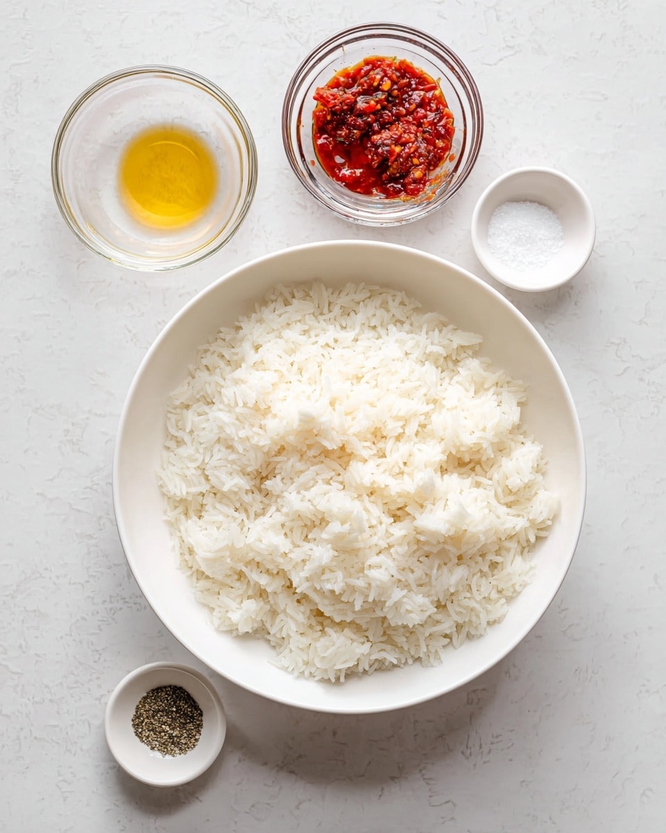 A top view of a large white bowl filled with fluffy white cooked rice, placed on a white marbled surface. Above the bowl are two small clear glass bowls, one holding a thick red chili sauce with visible chunks and seeds, the other containing a small amount of yellow oil. Below the rice bowl, two small white bowls hold salt and a mix of black pepper and salt. The arrangement is simple and clean, with all dishes spaced evenly on the white marbled background. Photo taken with an iphone --ar 4:5 --v 7