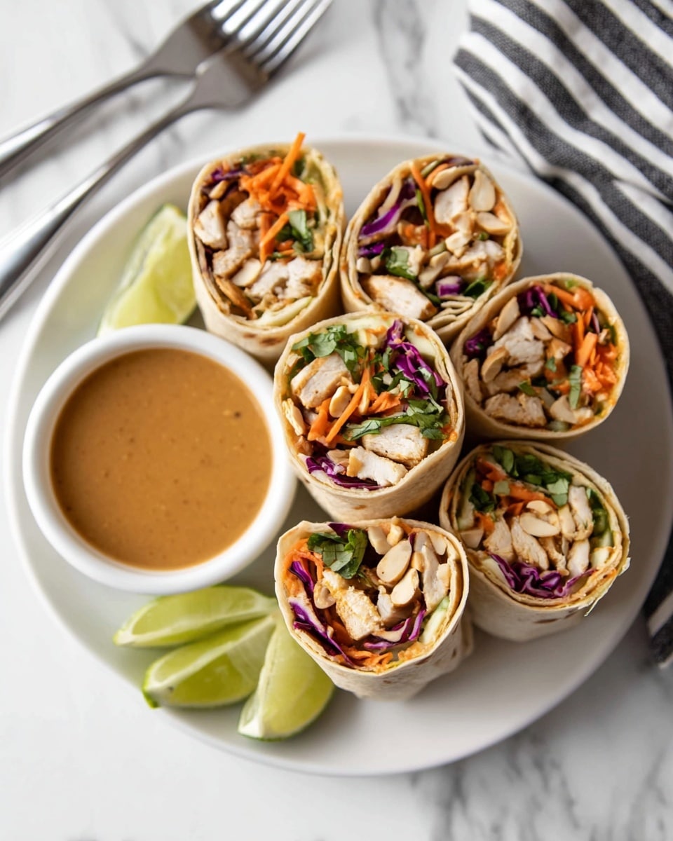 Five tortilla wraps are cut in half and placed standing on a white plate, showing layers of light brown cooked chicken, shredded purple cabbage, orange carrot strips, green herbs, and a few peanuts inside each wrap. In the center of the plate, there is a small white bowl filled with a smooth light brown dipping sauce. Two lime wedges rest on the plate near the bowl. The plate is set on a white marbled surface with two silver forks and a black and white striped napkin visible in the background. photo taken with an iphone --ar 4:5 --v 7