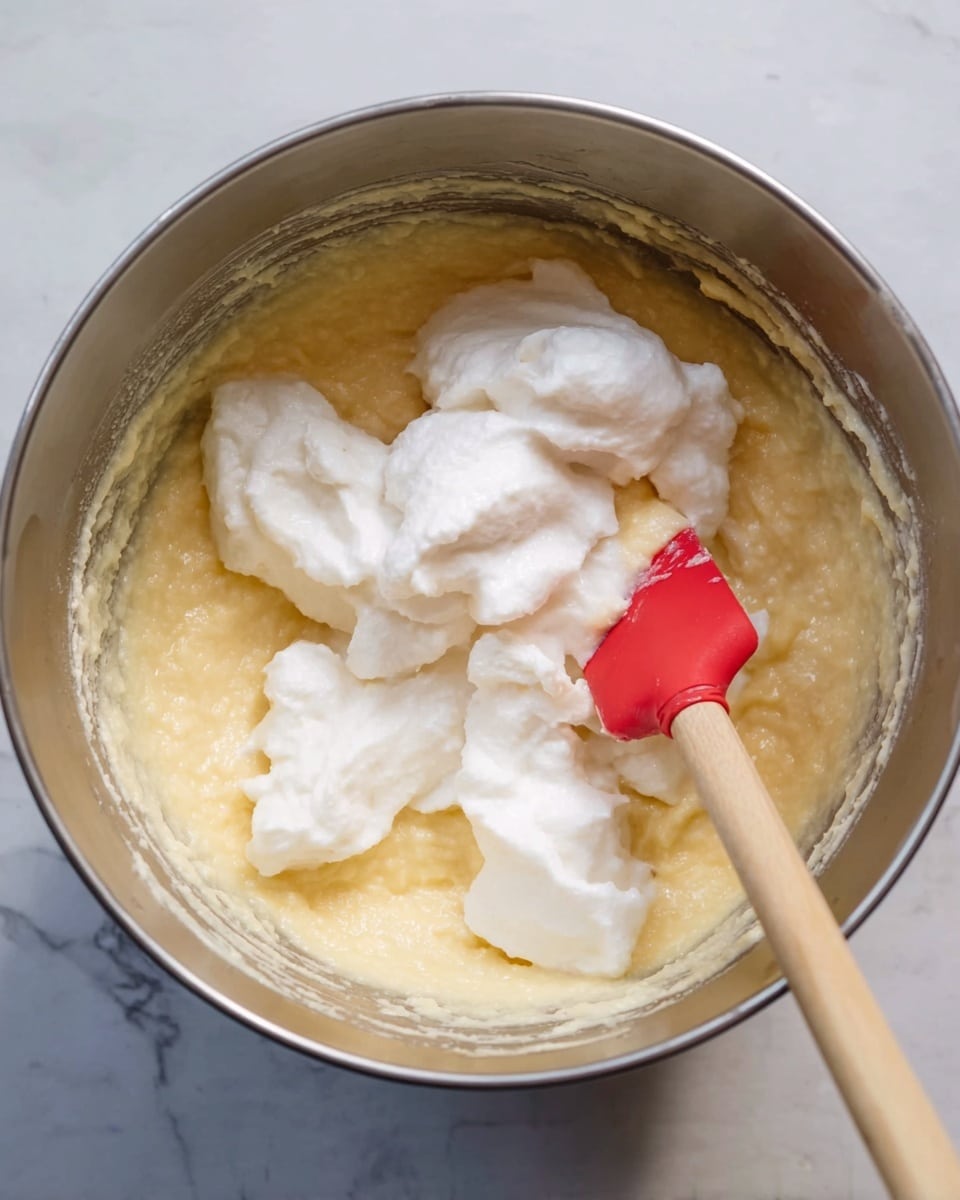 A mixing bowl made of metal is shown from above with a thick yellow batter filling most of it. On top of the batter are several large, fluffy white dollops that look soft and airy. A wooden spatula with a red silicone head is resting inside the bowl, partly covered in the mixture. The bowl is placed on a white marbled surface. photo taken with an iphone --ar 4:5 --v 7