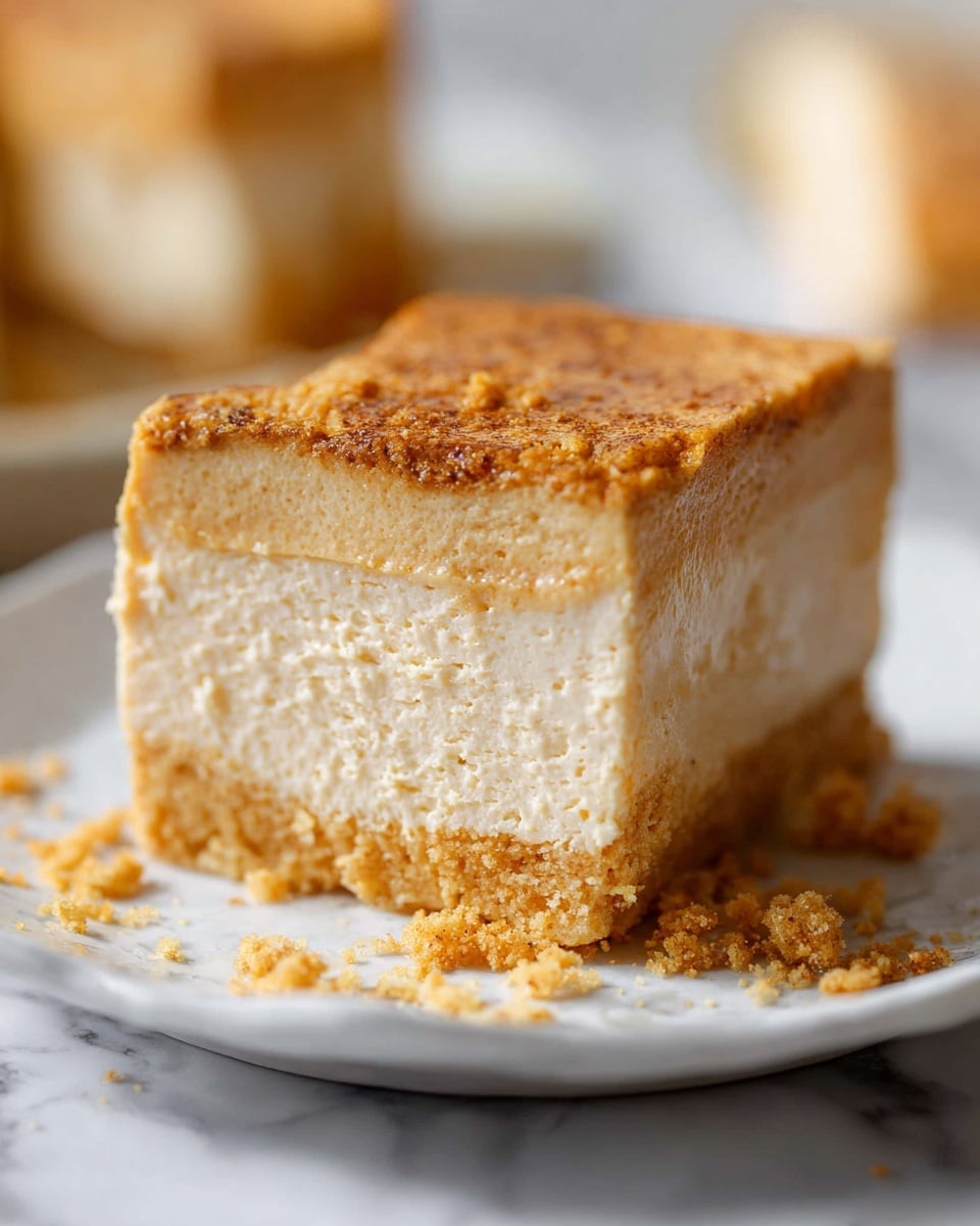 A close-up of a single thick slice of dessert with two layers on a white plate with soft edges. The bottom layer is light beige, smooth, and dense, while the top layer is thinner, golden brown, and slightly crispy with a crumbly texture. Some crumbs are scattered on the plate near the slice, with parts of another piece blurred in the background on a white marbled surface. The photo taken with an iphone --ar 4:5 --v 7