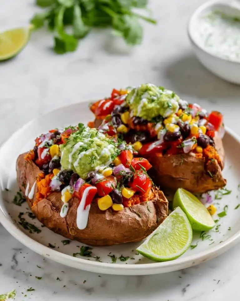 Black Bean Stuffed Sweet Potatoes with Guacamole & Vegan Sour Cream Recipe