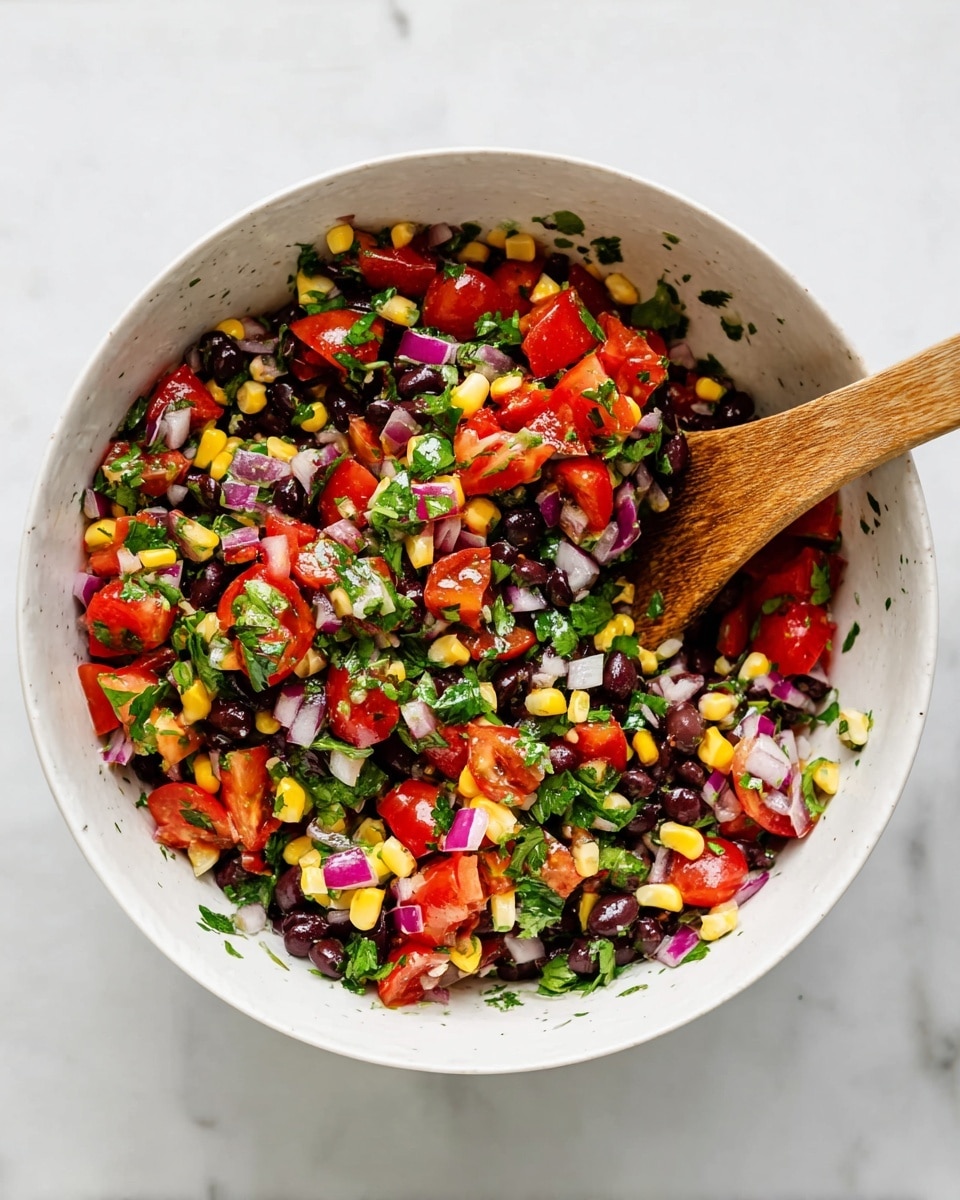 A white bowl filled with a colorful mix of chopped red tomatoes, dark black beans, yellow corn kernels, small pieces of red onion, and bright green chopped cilantro. The ingredients are mixed together with a wooden spoon resting inside the bowl. The bowl sits on a white marbled surface, with fresh and vibrant colors of the salad ingredients contrasting against the plain white bowl and background. photo taken with an iphone --ar 4:5 --v 7