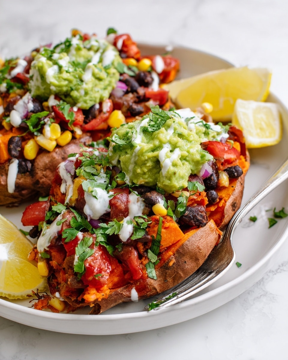 The dish shows two large baked sweet potato halves on a white plate, placed on a white marbled surface. Each sweet potato is topped with three main layers: a base layer of black beans and corn mixed with chopped red onion, tomato pieces, and fresh green herbs. On top of that is a bright green scoop of chunky guacamole with a creamy texture. The final layer is drizzled white sauce spread lightly over the guacamole and beans. To the side of the potatoes, there are two fresh yellow lemon wedges. A white spoon is tucked under one sweet potato, and the colors in the dish are vibrant with reds, greens, yellows, and dark purples. photo taken with an iphone --ar 4:5 --v 7