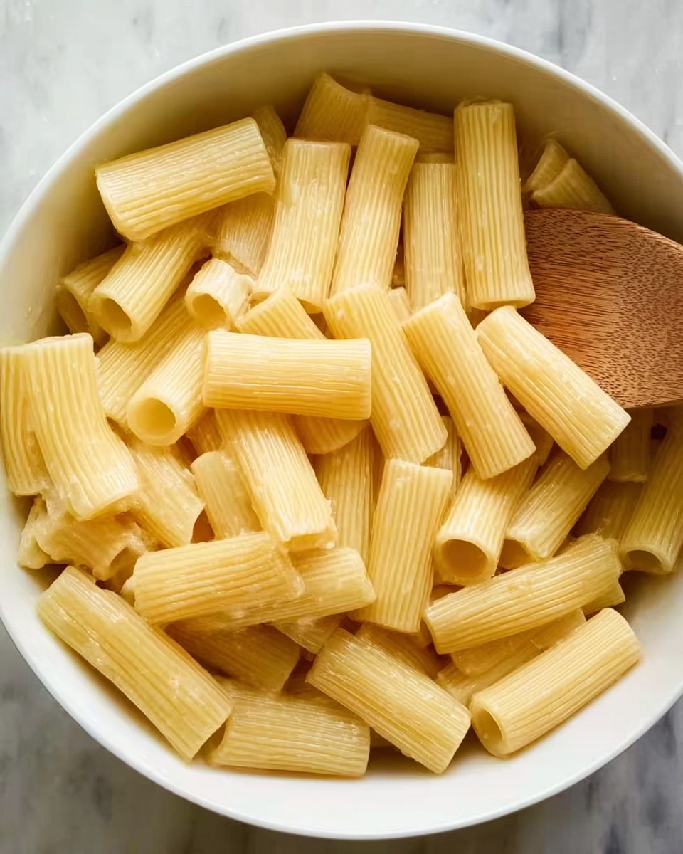 The image shows a close-up of a bowl filled with plain rigatoni pasta cooked to a soft texture, pale yellow in color. The rigatoni tubes are smooth and shiny, all roughly the same size, and are placed in a white bowl. On the top right side of the bowl, a wooden spoon with a flat edge is partially resting among the pasta, blending natural wood color with the light pasta. The background is a white marbled surface, making the pasta and bowl stand out clearly. Photo taken with an iphone --ar 4:5 --v 7