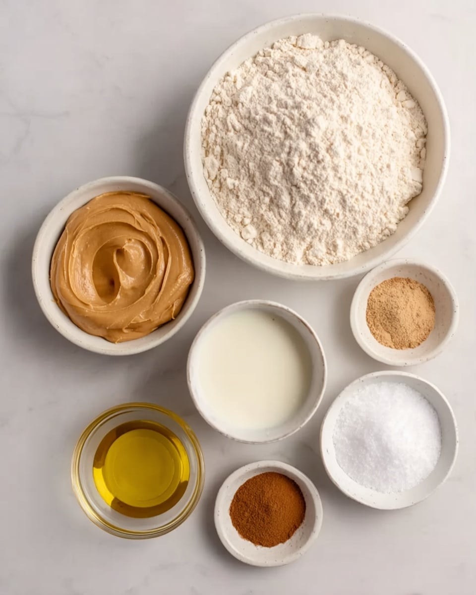 A flat white marbled surface holds six white dishes arranged loosely in a circle. At the top center is a large white bowl filled with a heap of pale, finely textured flour. Below and to the left is a smaller white bowl with smooth, light brown peanut butter, glossy and creamy in texture. To the right of the peanut butter bowl is a white cup filled with a creamy off-white liquid, likely milk. Just below the peanut butter is a transparent shallow dish containing golden yellow oil, reflecting light gently. In the center bottom is a white bowl full of fine, white granulated sugar. To the right of the sugar is a small white bowl containing a light brown powder, likely cinnamon, and next to it on the far right is another small white bowl with white granular salt. The composition is clean and simple, showing ingredients ready for a recipe, photo taken with an iphone --ar 4:5 --v 7
