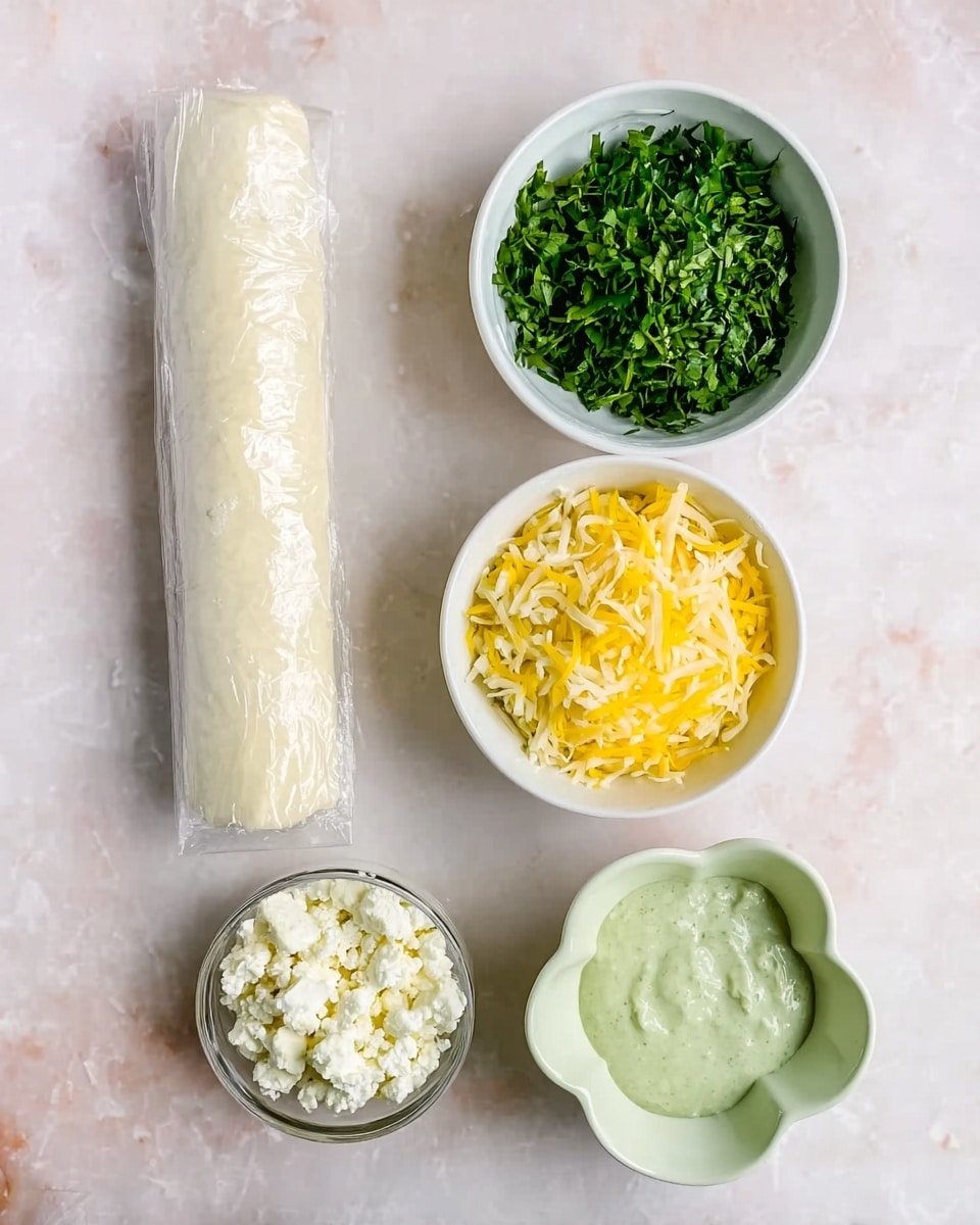 The image shows four small white bowls and a wrapped roll of dough laid out on a white marbled surface. The top-left bowl is filled with chopped fresh green herbs, the top-right bowl contains shredded yellow cheese, the bottom-left bowl holds crumbled white cheese, and the bottom-right bowl has a light green sauce in a flower-shaped bowl. The roll of dough is cylindrical and wrapped in clear plastic, placed vertically on the left side of the image. The overall look is clean and organized with a soft light giving a fresh feel to the ingredients. photo taken with an iphone --ar 4:5 --v 7