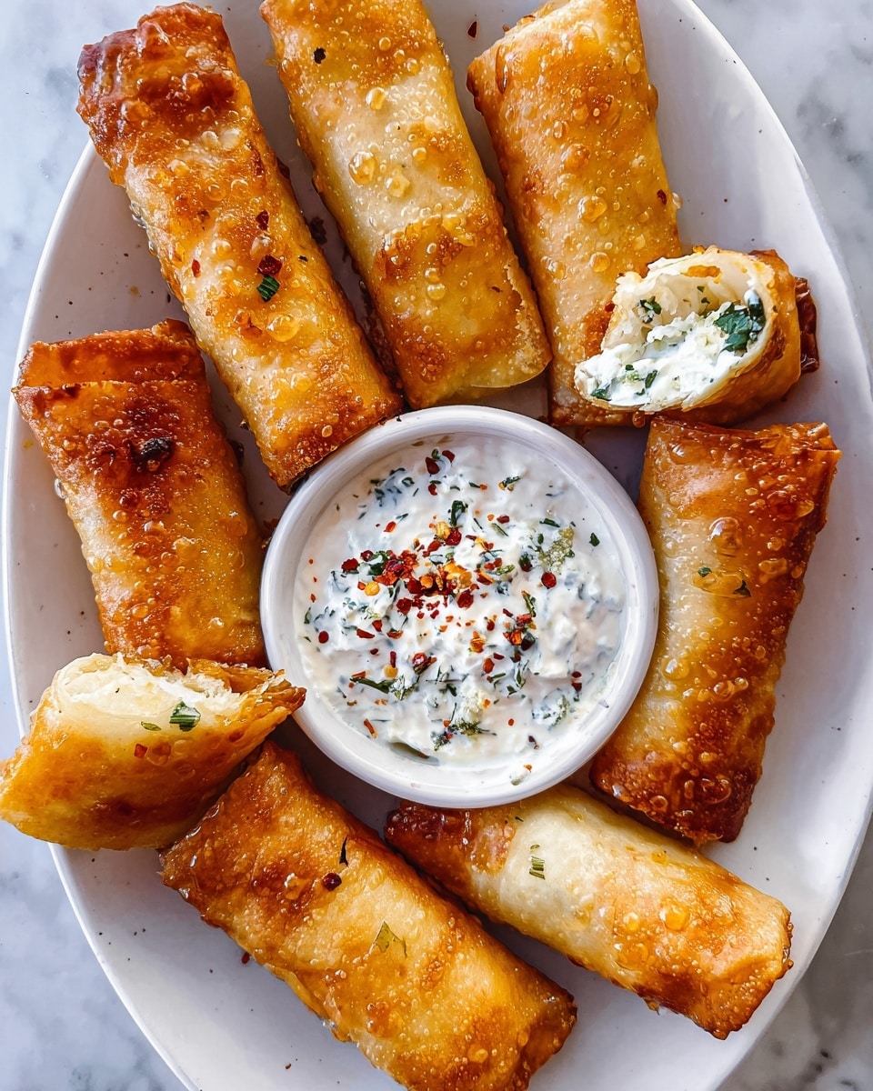 The image shows a white plate with eight golden-brown fried pastry rolls arranged around a small white bowl of creamy white dip topped with red pepper flakes and dried herbs. The rolls have a crispy texture with bubbles on the surface and a few are broken open to reveal a white soft filling mixed with green herbs inside. The plate sits on a white marbled surface, and the scene is well-lit, highlighting the warm tones of the pastries and the fresh look of the dip. photo taken with an iphone --ar 4:5 --v 7