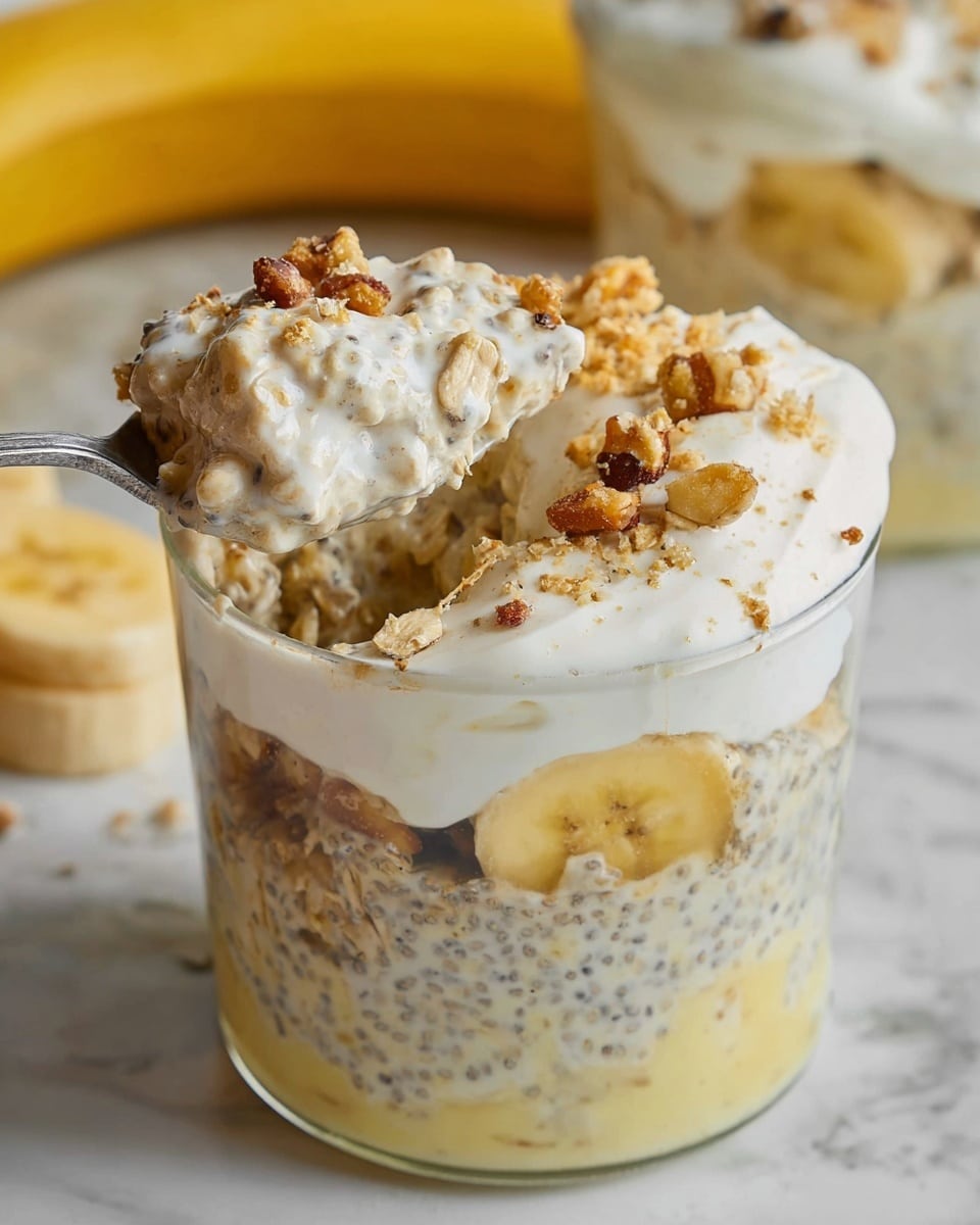 A clear glass cup filled with three layers: the bottom layer is light yellow with visible banana slices, the middle layer is a mix of creamy white oatmeal with chia seeds and brown bits, and the top layer is fluffy white yogurt with sprinkled small brown crunchy pieces and banana slices on top. A spoon is scooping a mix of oatmeal and yogurt from the cup, showing soft creamy and chunky texture. The cup sits on a white marbled surface with a partly visible yellow banana in the background. photo taken with an iphone --ar 4:5 --v 7