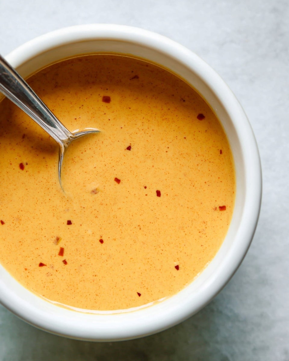 A close-up of a white bowl filled with a smooth, creamy orange sauce that has small red specks evenly spread throughout. A shiny silver metal spoon is partially dipped into the sauce on the left side of the bowl. The bowl rests on a white marbled surface, adding a subtle texture to the background. The sauce has a glossy finish and looks thick yet smooth. photo taken with an iphone --ar 4:5 --v 7