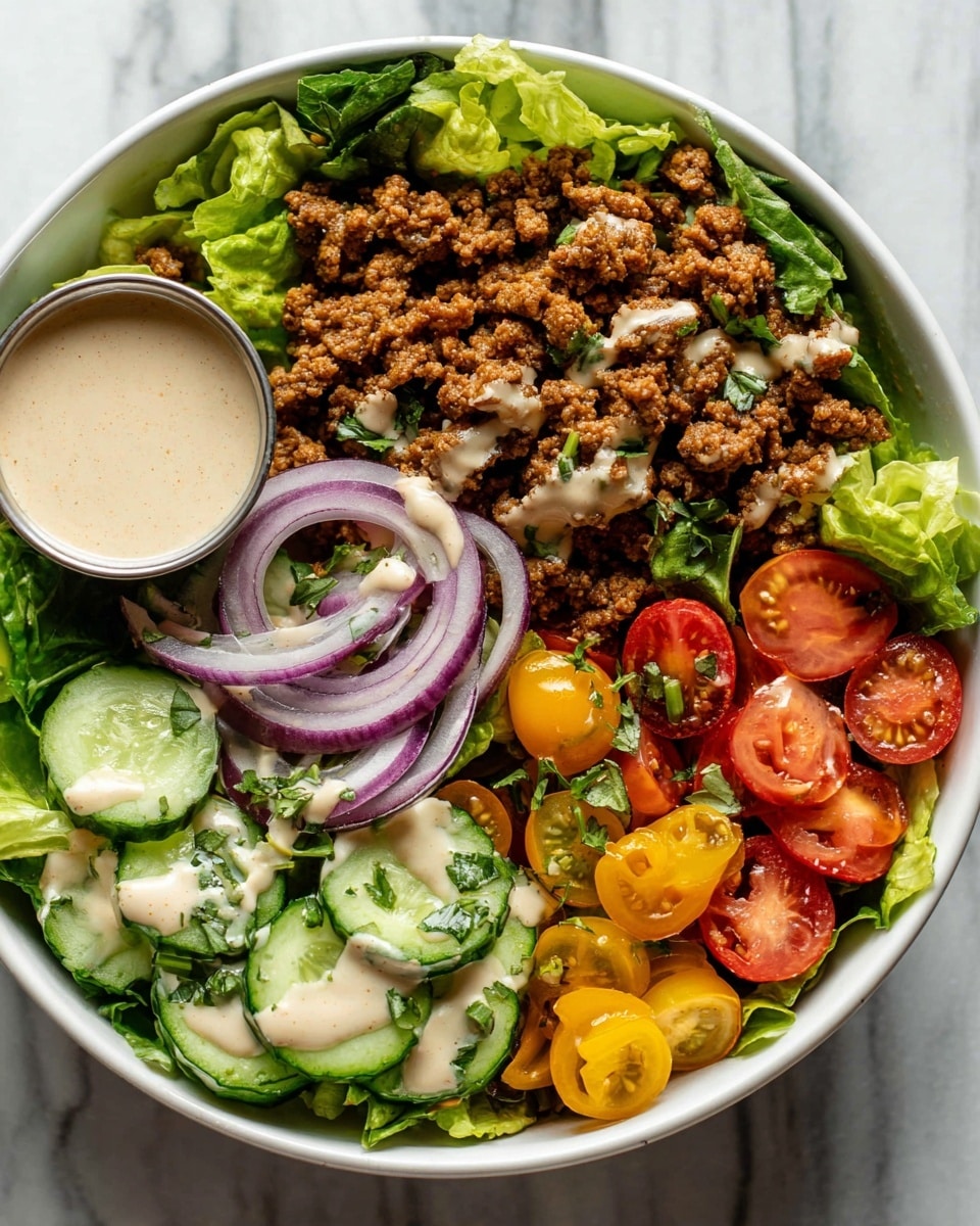 A white bowl holds a fresh salad with multiple layers: at the base, bright green leafy lettuce, thin round slices of red onion on one side, and a mix of yellow and red halved cherry tomatoes sprinkled with small green herb pieces at the front. On one side, there are thin, round cucumber slices with a light creamy dressing drizzled over them. The top layer is a generous portion of crumbled, browned ground meat also drizzled with the same creamy dressing. A small metal cup filled with creamy dressing sits nestled among the lettuce on the left side. The bowl is placed on a white marbled surface. Photo taken with an iphone --ar 4:5 --v 7