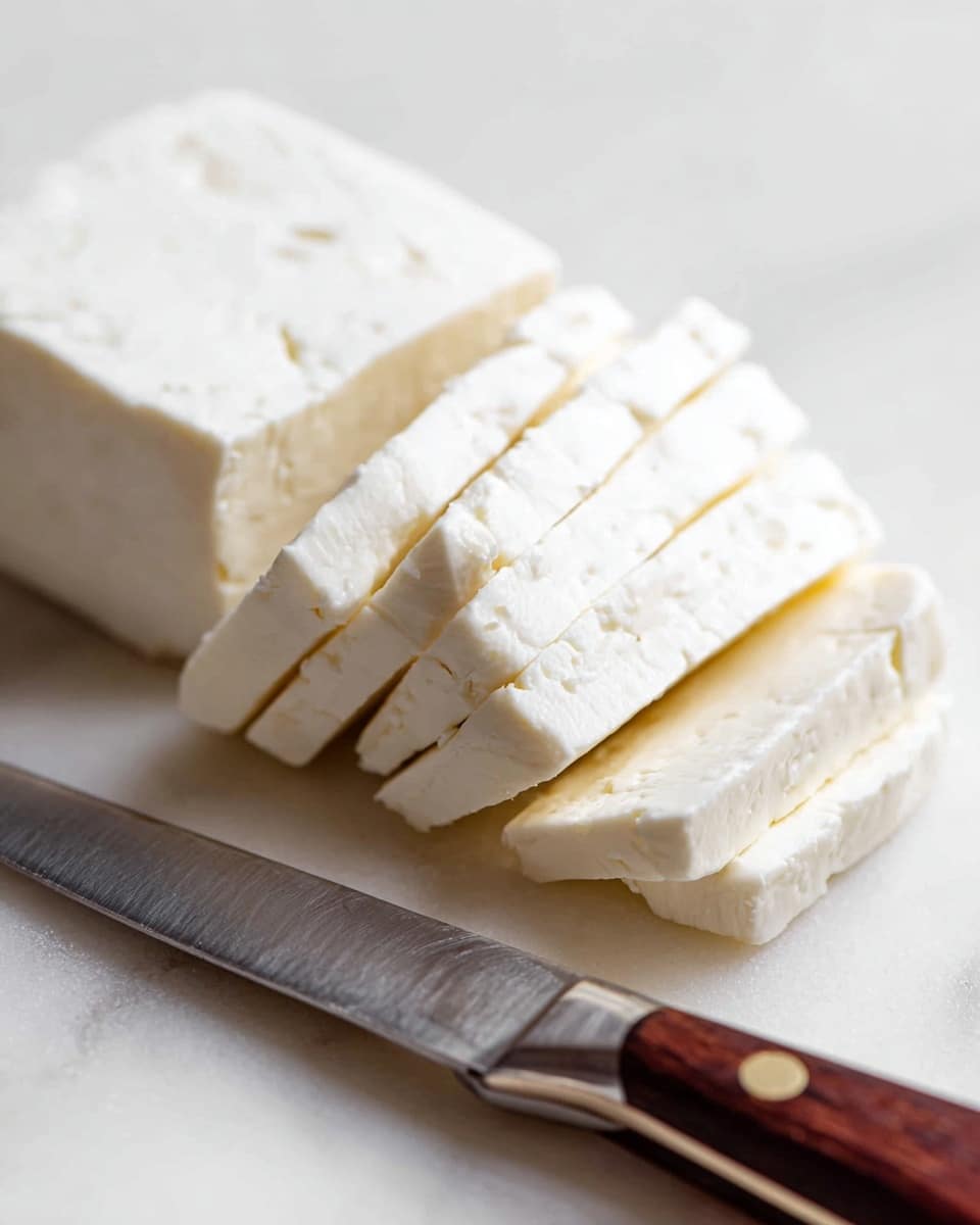 The image shows a block of white cheese sliced into several thin pieces, arranged in a slightly spread stack on a white marbled surface. The cheese has a smooth and soft texture with some small, light markings. Next to the cheese, there is a silver knife with a dark brown wooden handle, lying flat on the surface. The focus is close up, showing the details of the cheese and knife clearly. photo taken with an iphone --ar 4:5 --v 7