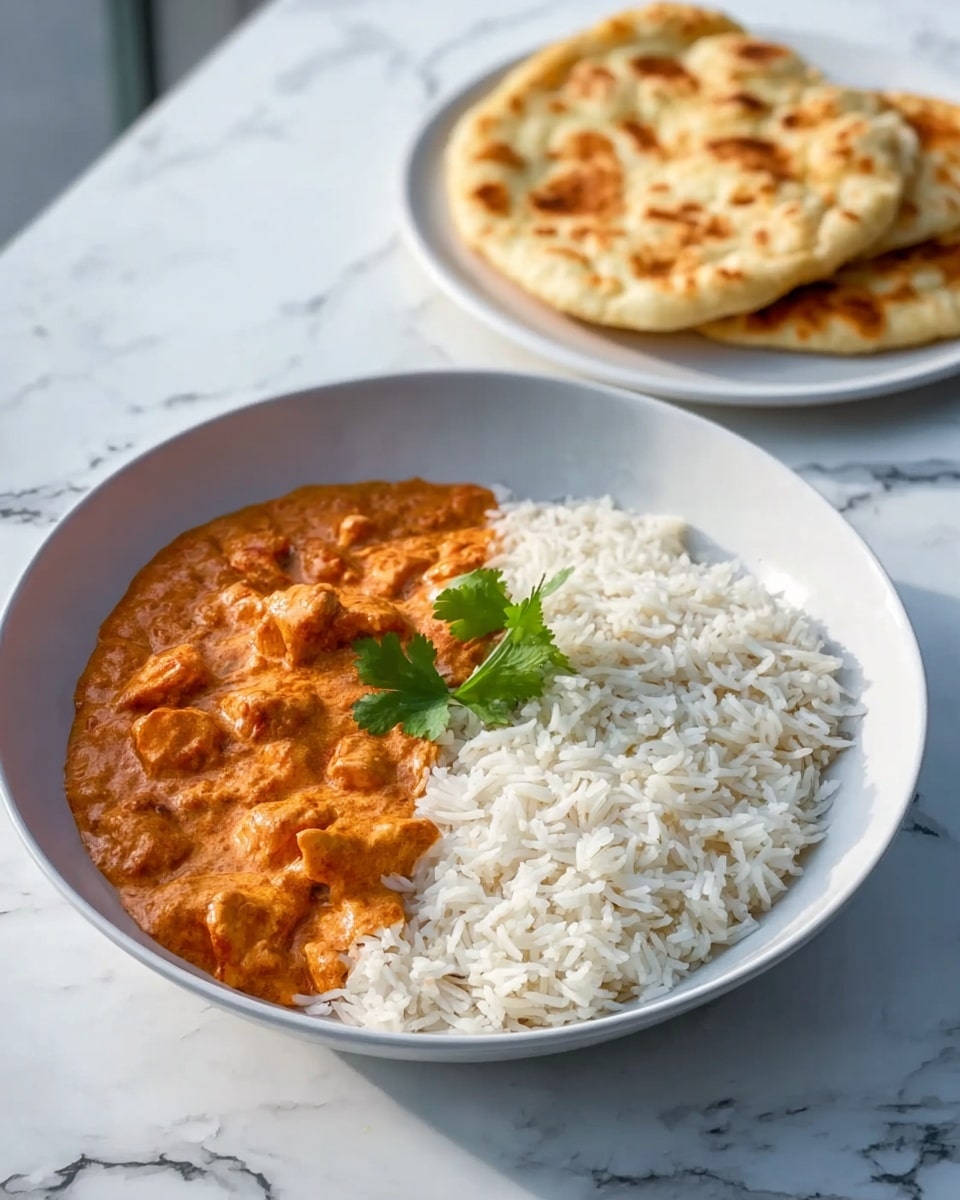 The image shows a white round plate with two main layers: on the left side, there is a large portion of white rice with a soft, fluffy texture, and on the right side, a thick layer of creamy orange sauce with small chunks of cooked chicken, topped with a small green cilantro leaf for garnish. In the background, there is a white plate holding two pieces of golden brown flatbread with a slightly crispy texture on a white marbled surface. Next to the plate, a woman's hand holds a gold fork and spoon resting gently on the surface. The scene is brightly lit with natural light. photo taken with an iphone --ar 4:5 --v 7