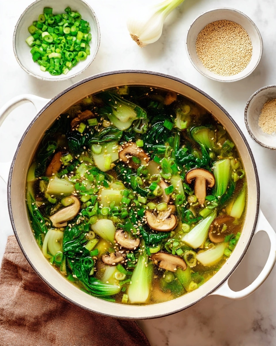 A white pot filled with clear broth soup showing layers of green bok choy leaves and light green stems, light brown sliced shiitake mushrooms, bright green chopped scallions scattered on top, all floating in the broth that has a slight oily shine with sesame seeds and a sprinkle of black pepper. Next to the pot are small white bowls, one with chopped scallions and the other with a beige powdery seasoning, all placed on a white marbled surface. A folded brown cloth napkin is visible under one handle of the pot. photo taken with an iphone --ar 4:5 --v 7