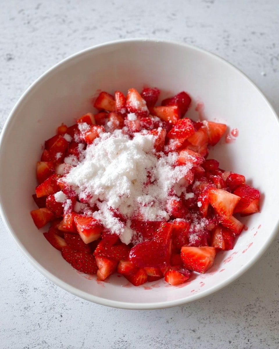 A white bowl filled with chopped bright red strawberries mixed with a white powdery ingredient and some granulated white sugar on top, all resting on a white marbled surface photo taken with an iphone --ar 4:5 --v 7